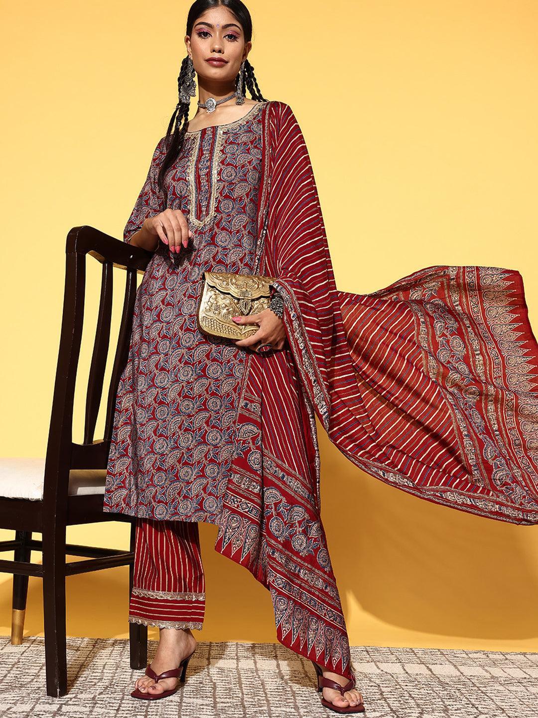 Maroon Printed Silk Blend Straight Suit Set