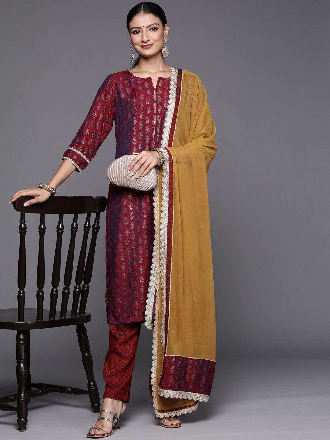 Maroon Printed Silk Blend Straight Suit Set