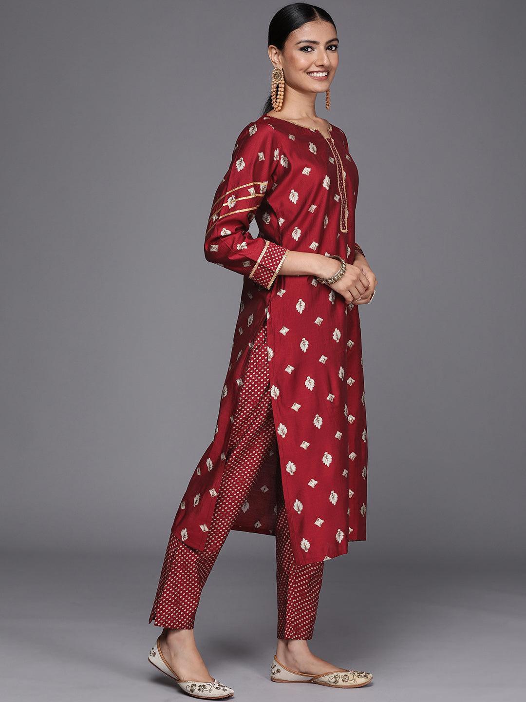 Maroon Printed Silk Blend Straight Suit Set - ShopLibas