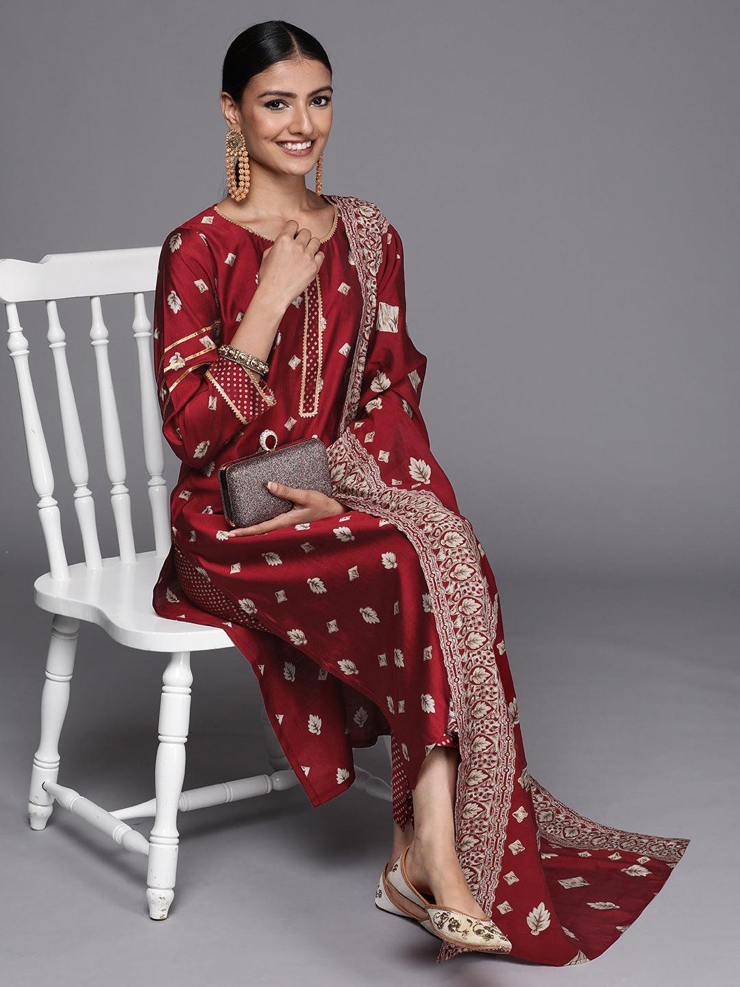 Maroon Printed Silk Blend Straight Suit Set - ShopLibas