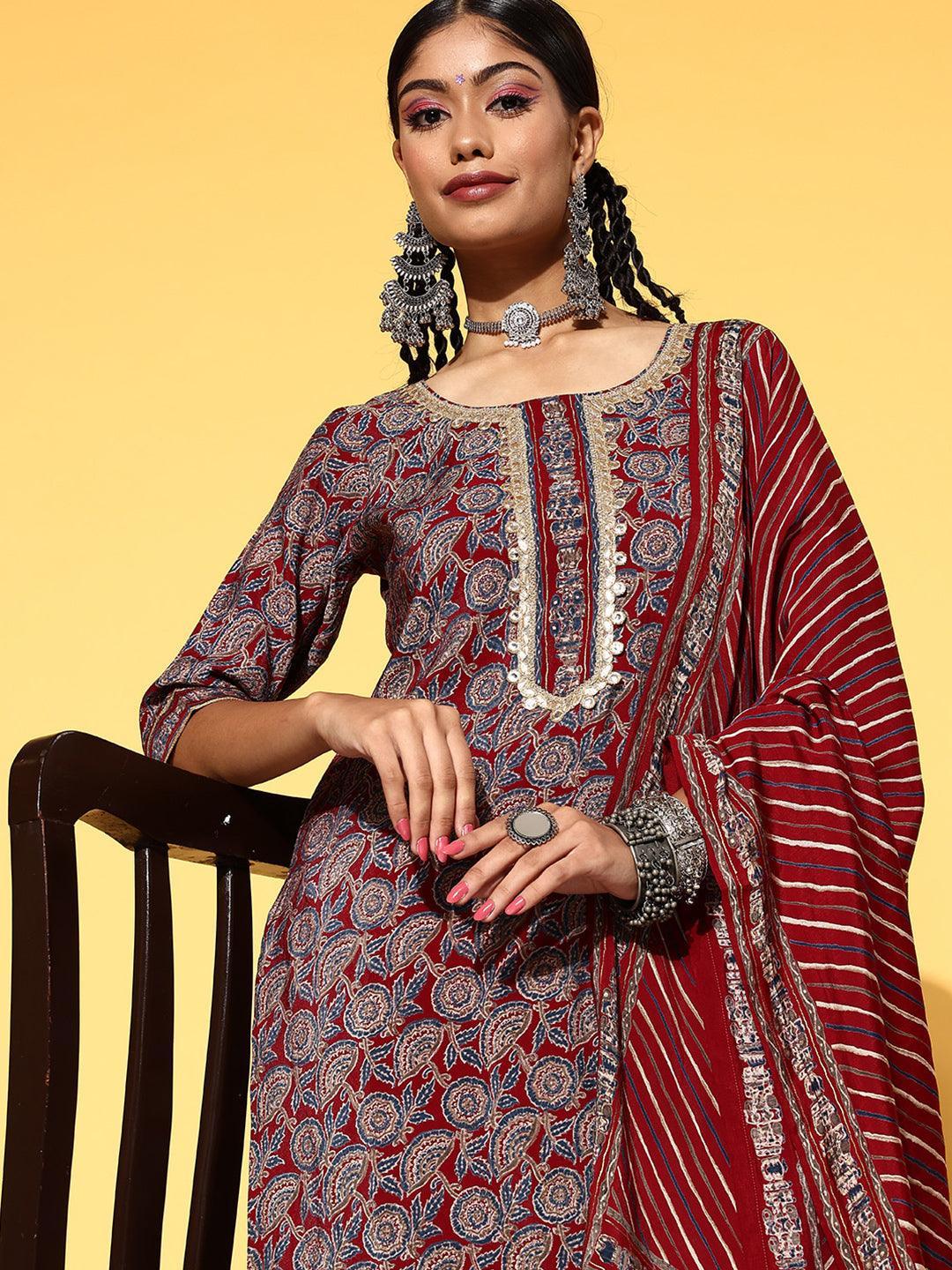 Maroon Printed Silk Blend Straight Suit Set