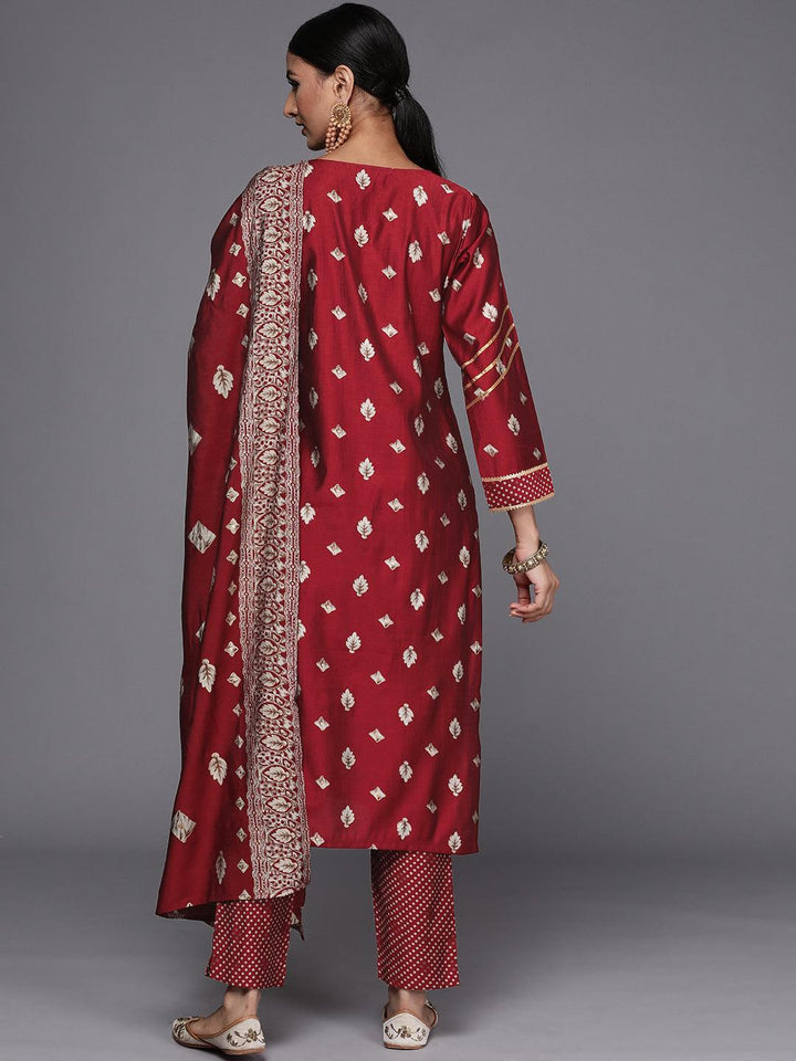 Maroon Printed Silk Blend Straight Suit Set - ShopLibas