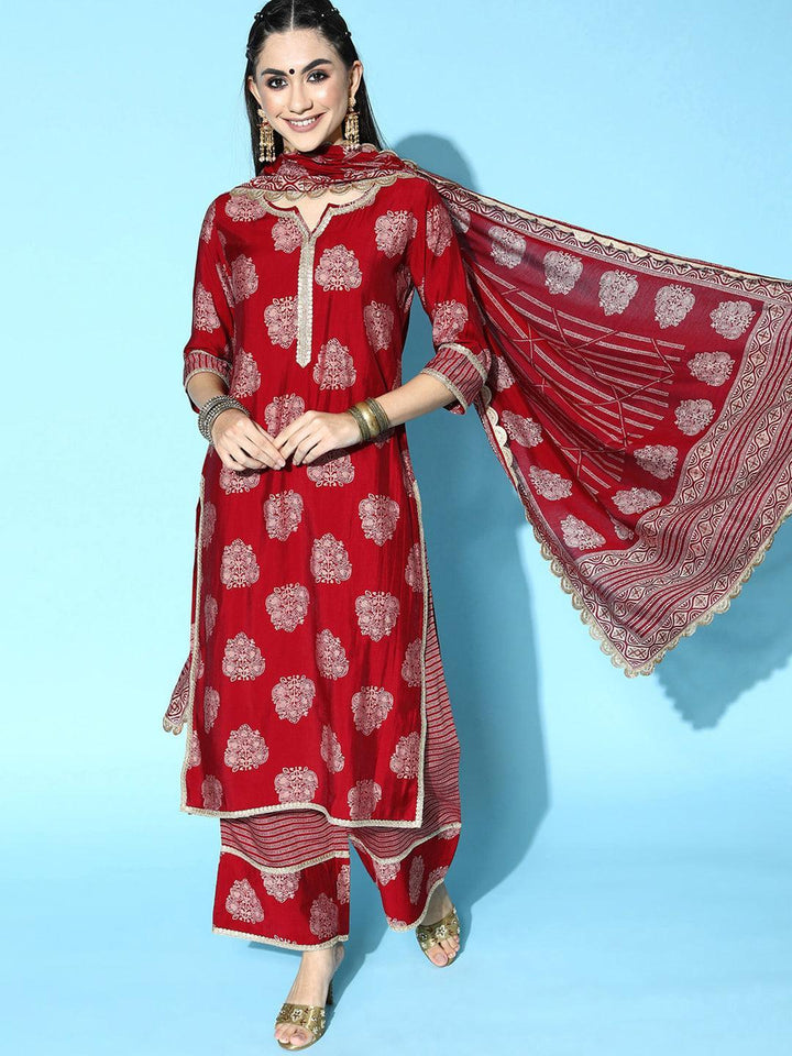 Maroon Printed Silk Blend Straight Suit Set - ShopLibas