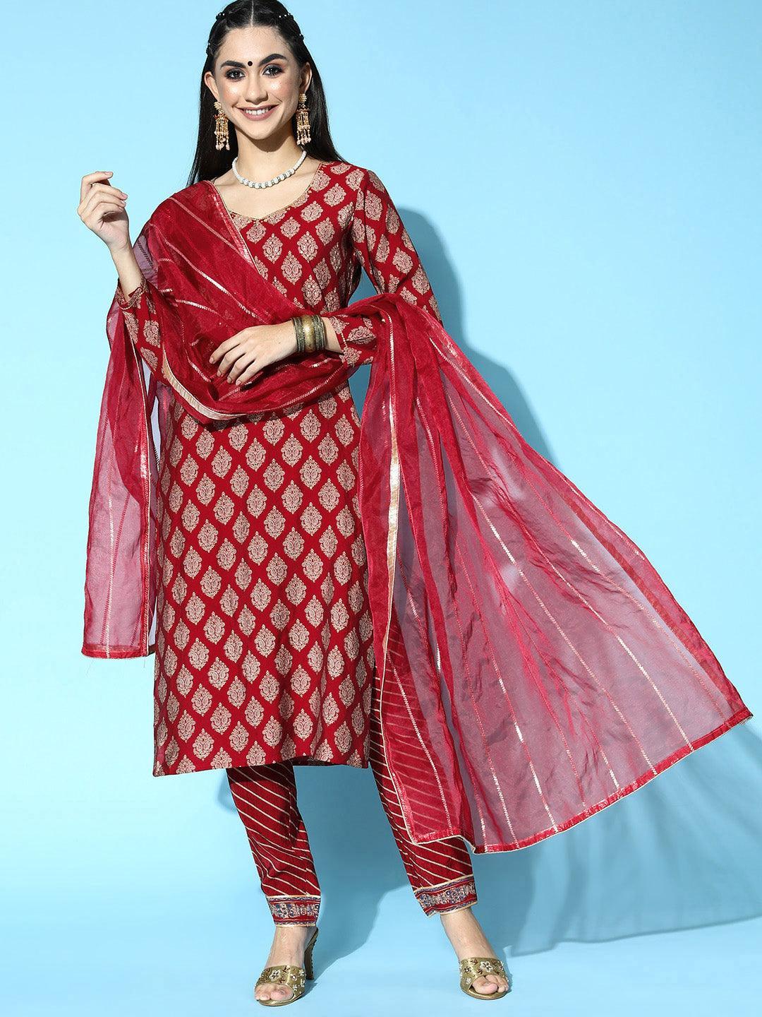 Maroon Printed Silk Blend Straight Suit Set