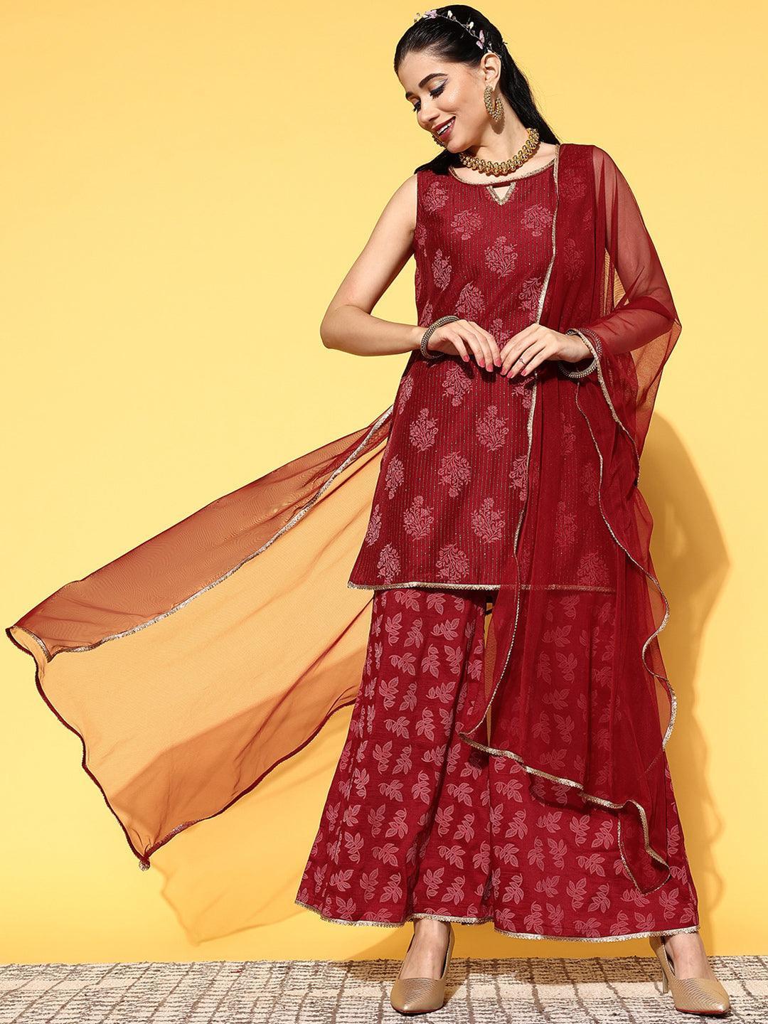 Maroon Printed Silk Blend Straight Kurta With Palazzos & Dupatta