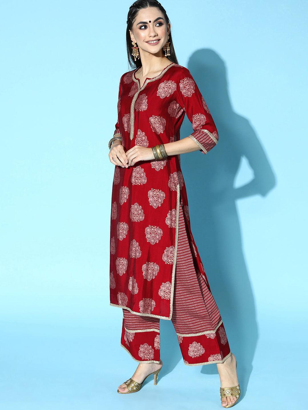 Maroon Printed Silk Blend Straight Suit Set - ShopLibas