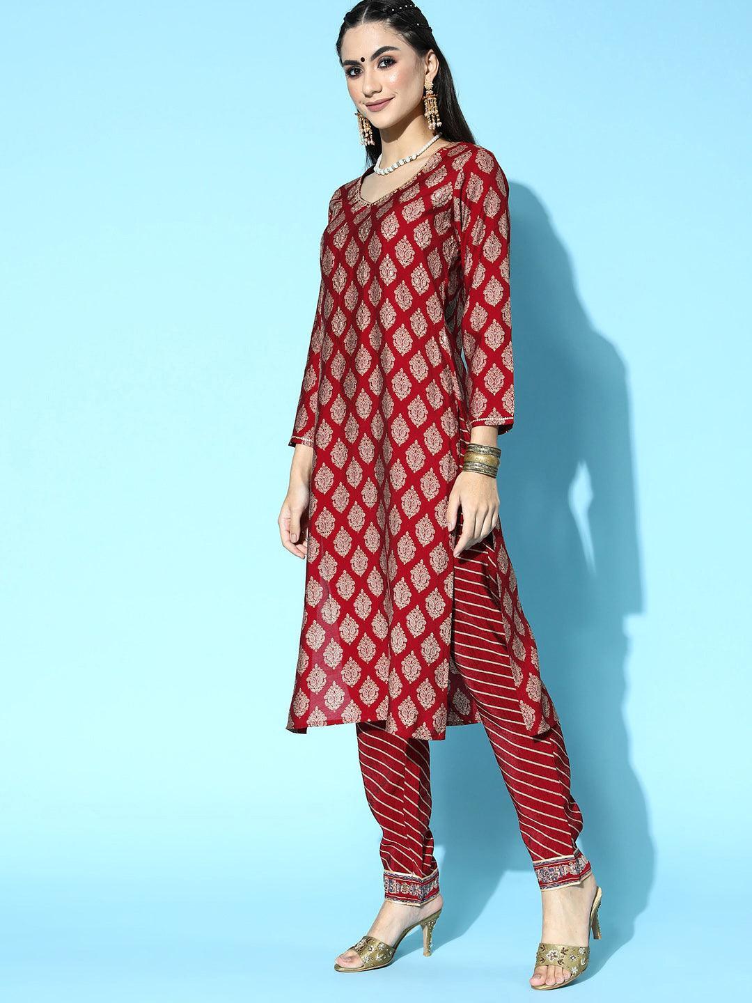 Maroon Printed Silk Blend Straight Suit Set