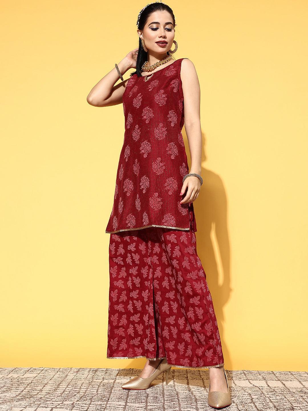 Maroon Printed Silk Blend Straight Kurta With Palazzos & Dupatta