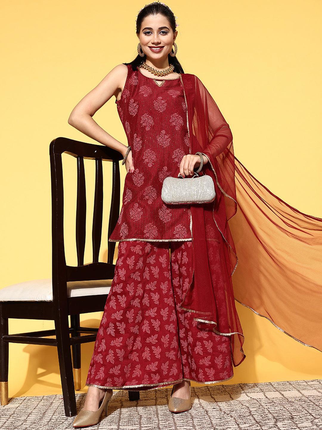 Maroon Printed Silk Blend Straight Kurta With Palazzos & Dupatta