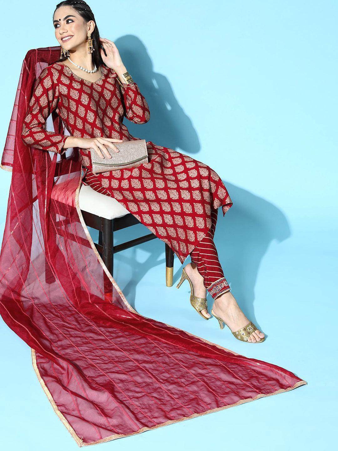 Maroon Printed Silk Blend Straight Suit Set