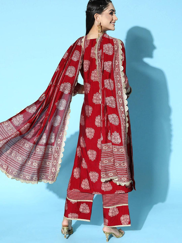 Maroon Printed Silk Blend Straight Suit Set - ShopLibas