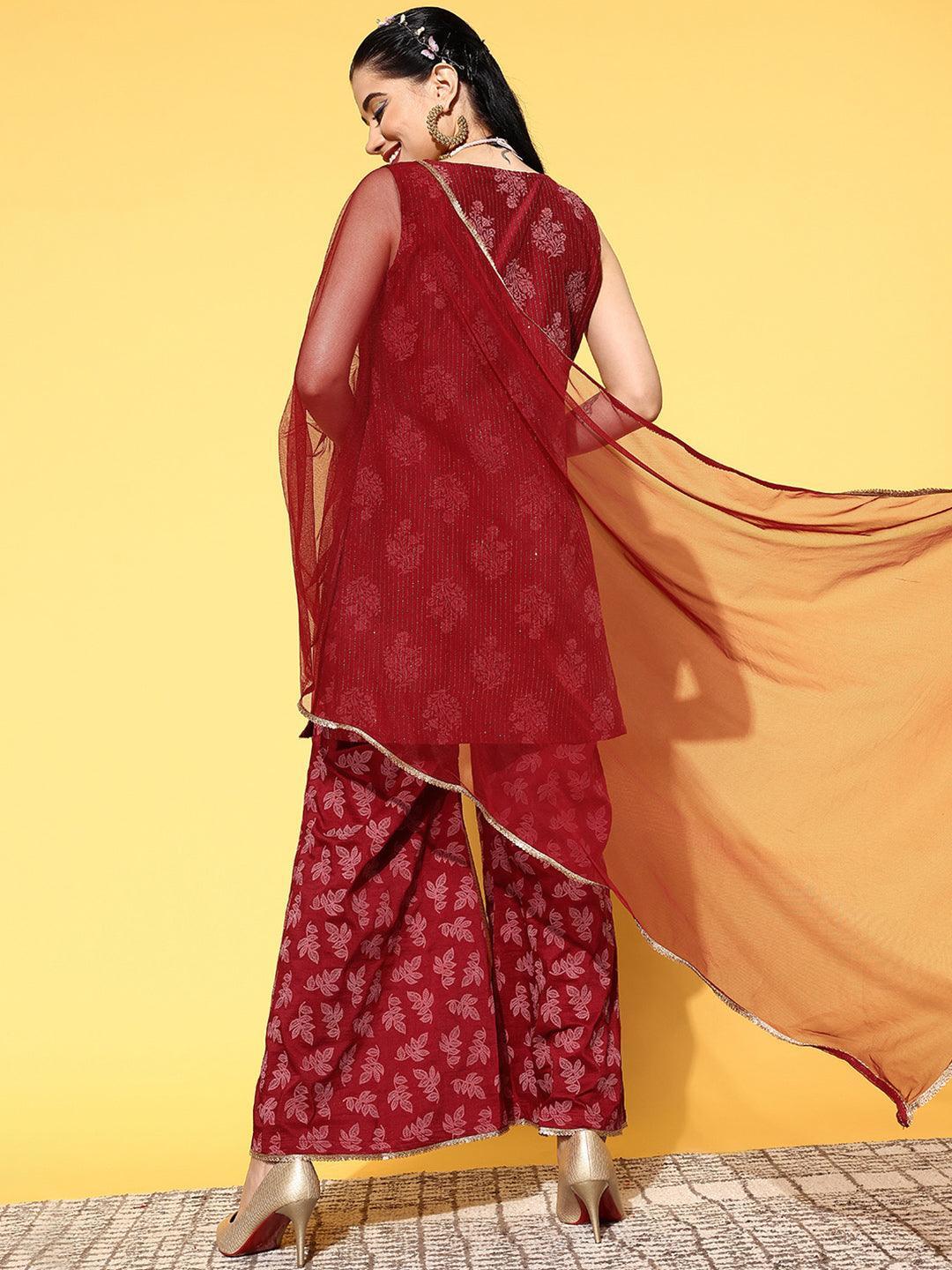 Maroon Printed Silk Blend Straight Kurta With Palazzos & Dupatta