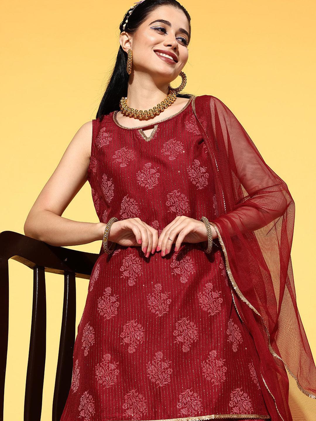 Maroon Printed Silk Blend Straight Kurta With Palazzos & Dupatta