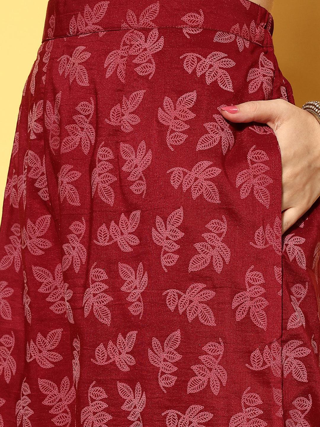 Maroon Printed Silk Blend Straight Kurta With Palazzos & Dupatta