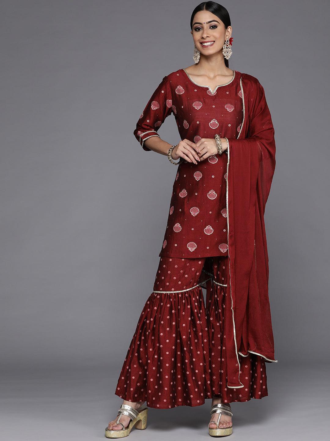 Maroon Printed Silk Blend Straight Kurta With Sharara & Dupatta