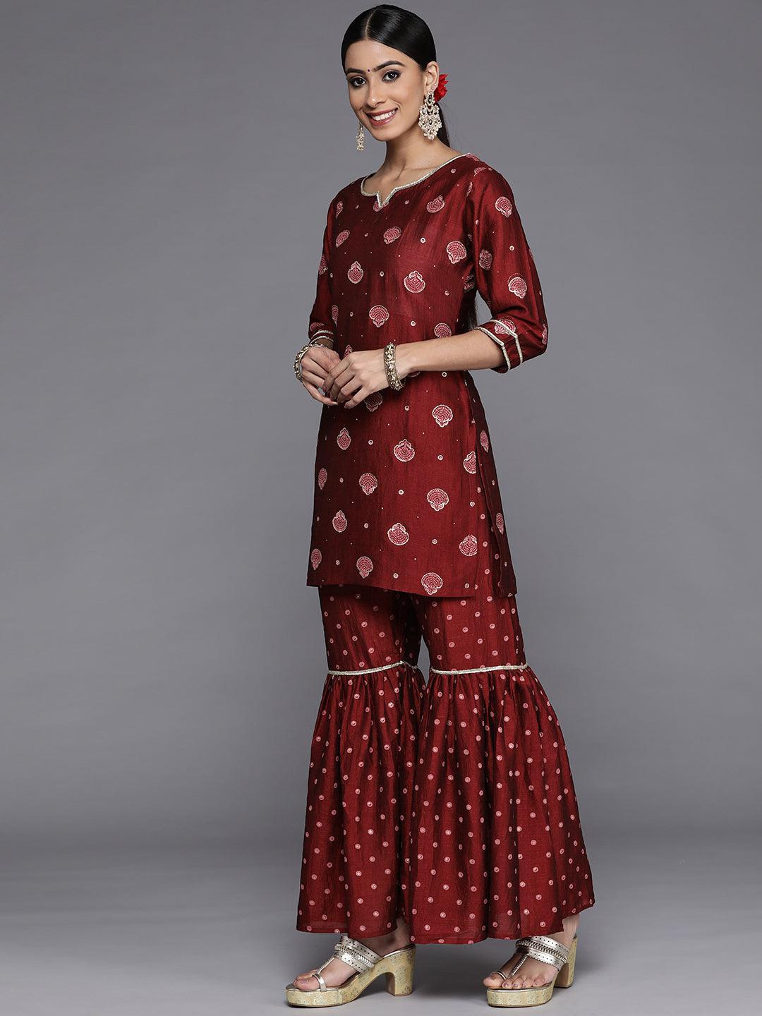 Maroon Printed Silk Blend Straight Kurta With Sharara & Dupatta