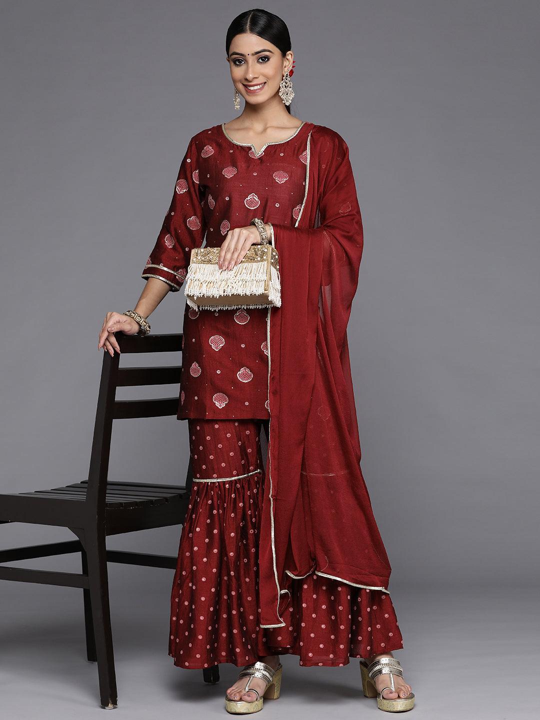 Maroon Printed Silk Blend Straight Kurta With Sharara & Dupatta