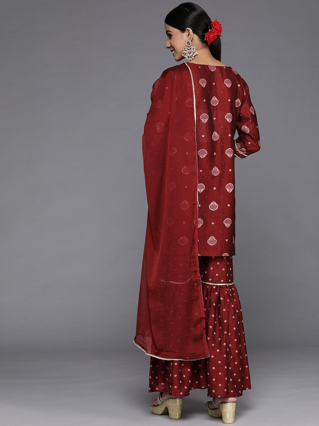 Maroon Printed Silk Blend Straight Kurta With Sharara & Dupatta