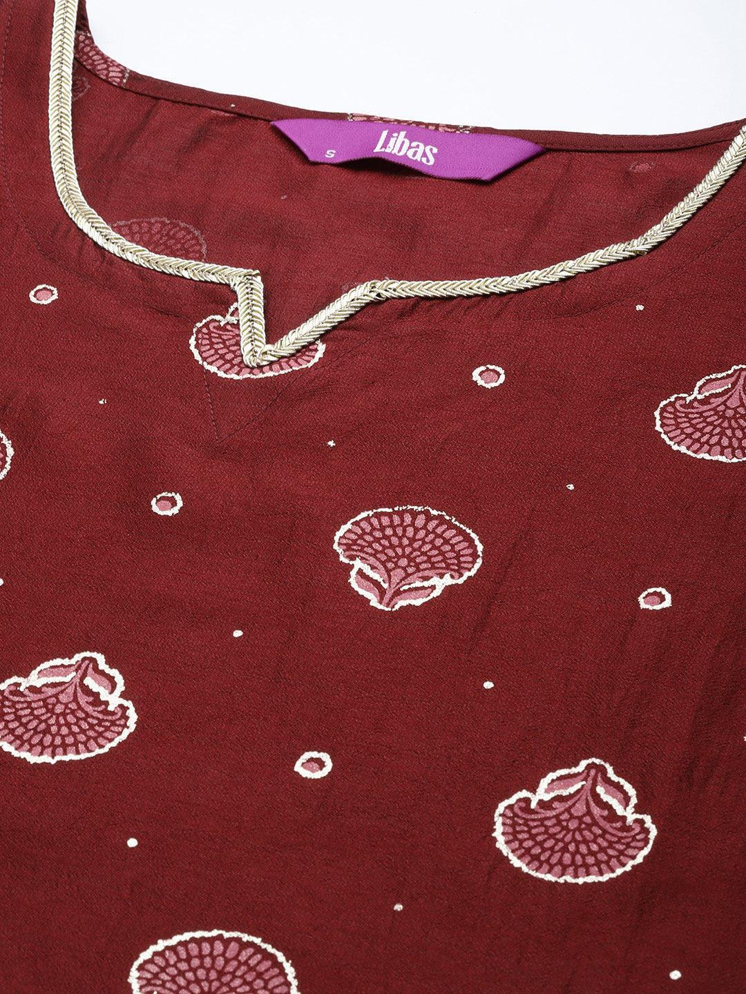 Maroon Printed Silk Blend Straight Kurta With Sharara & Dupatta