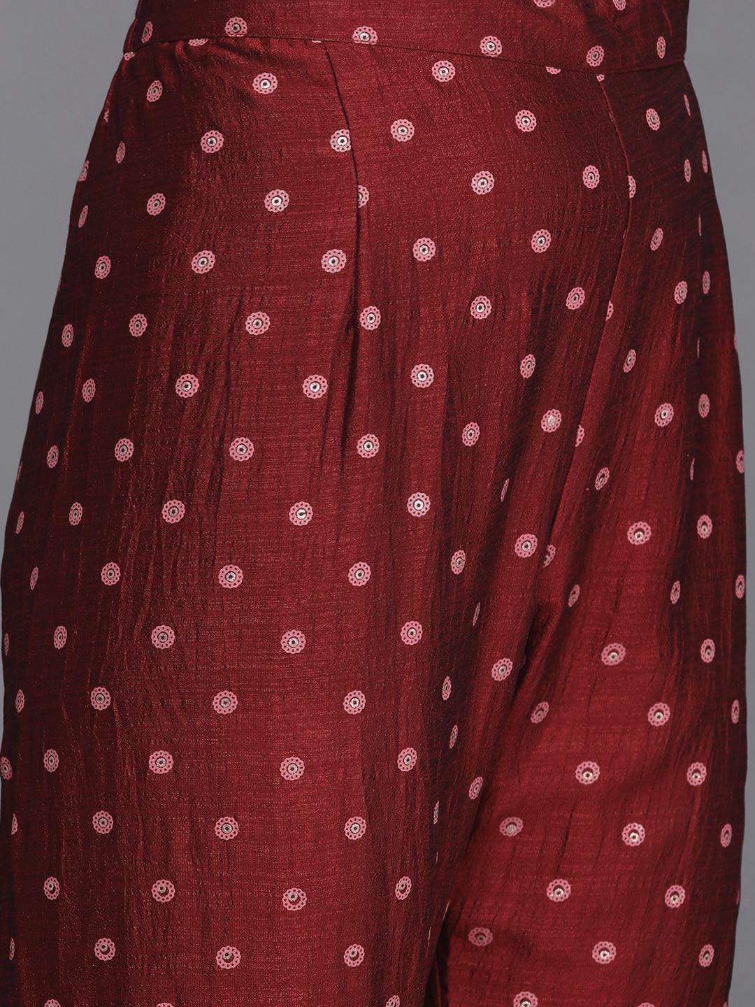 Maroon Printed Silk Blend Straight Kurta With Sharara & Dupatta