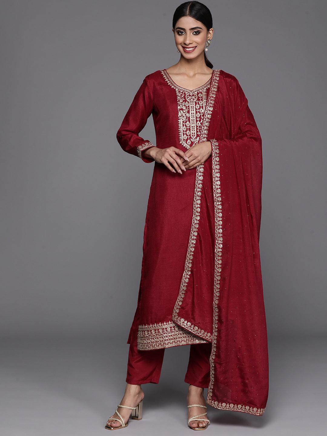 Maroon Printed Silk Blend Straight Kurta With Trousers & Dupatta