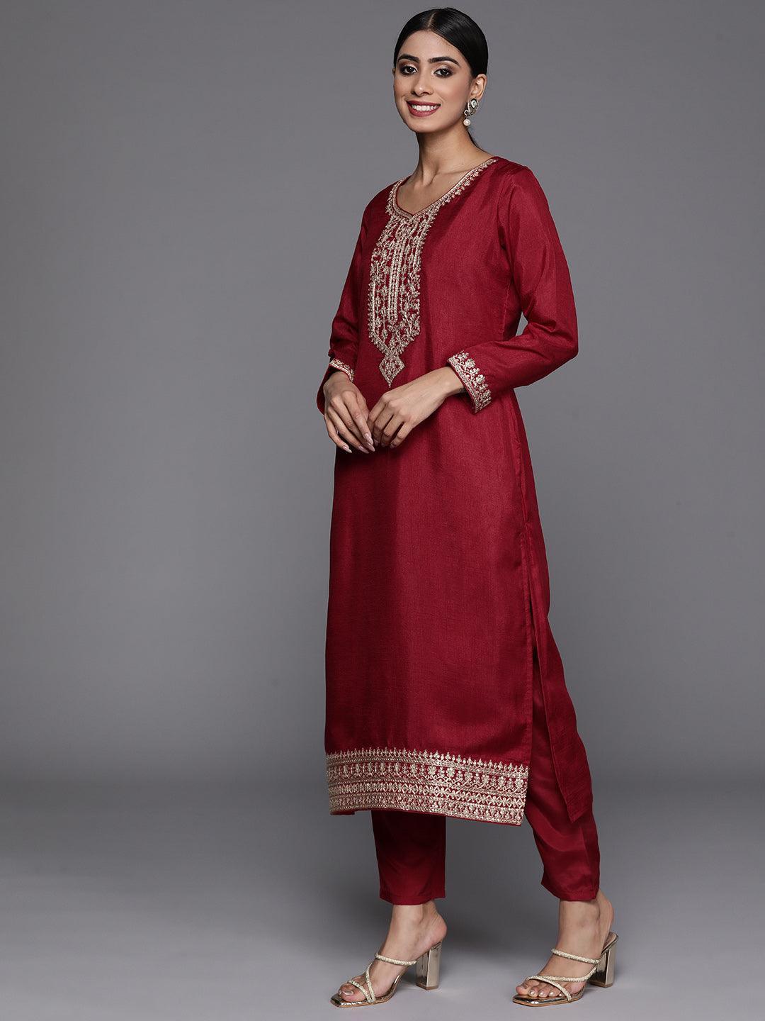 Maroon Printed Silk Blend Straight Kurta With Trousers & Dupatta