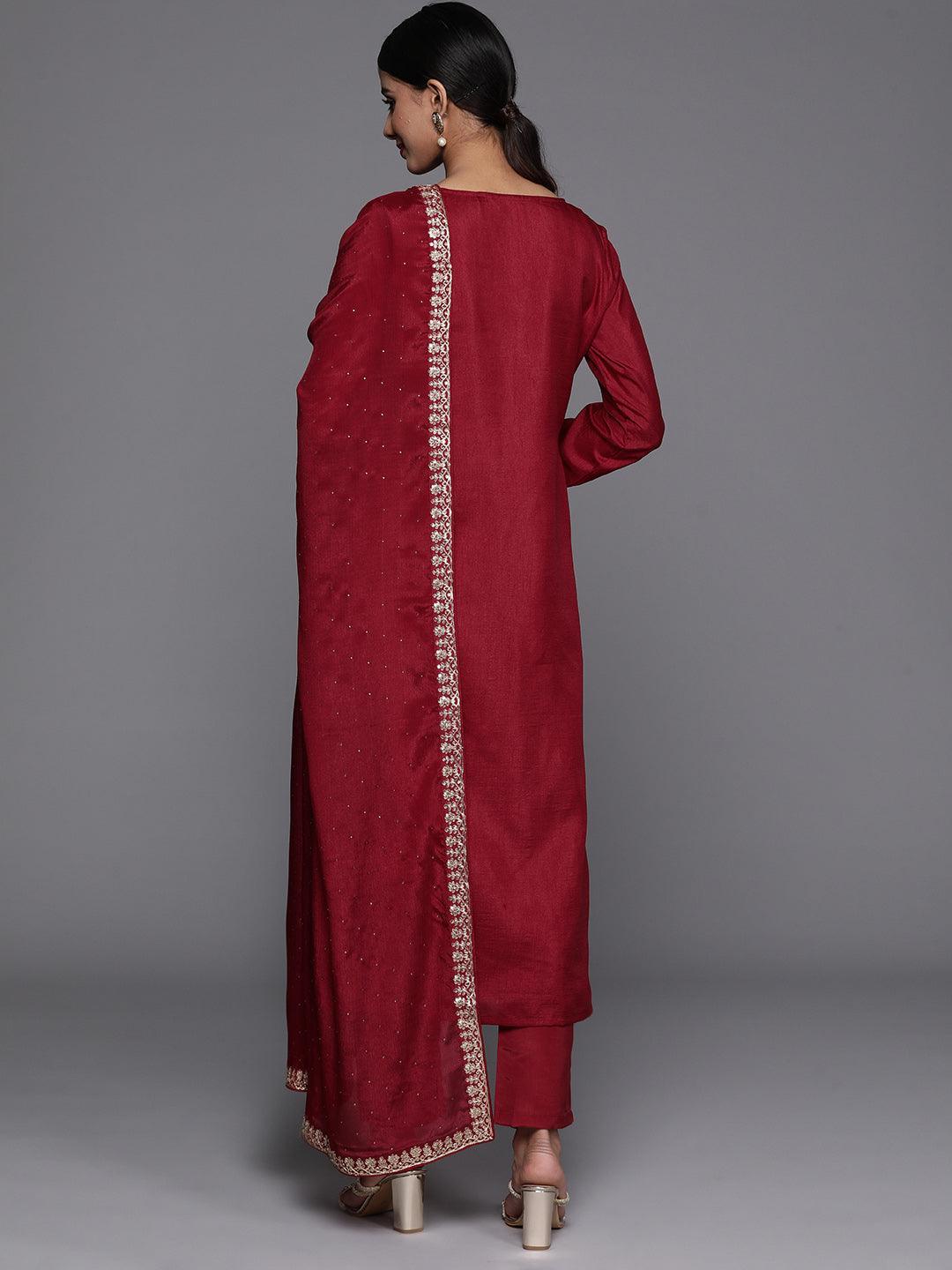 Maroon Printed Silk Blend Straight Kurta With Trousers & Dupatta