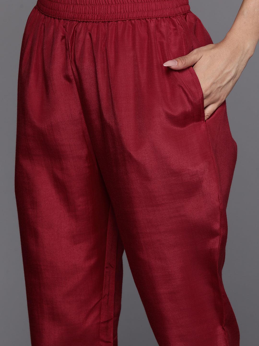 Maroon Printed Silk Blend Straight Kurta With Trousers & Dupatta