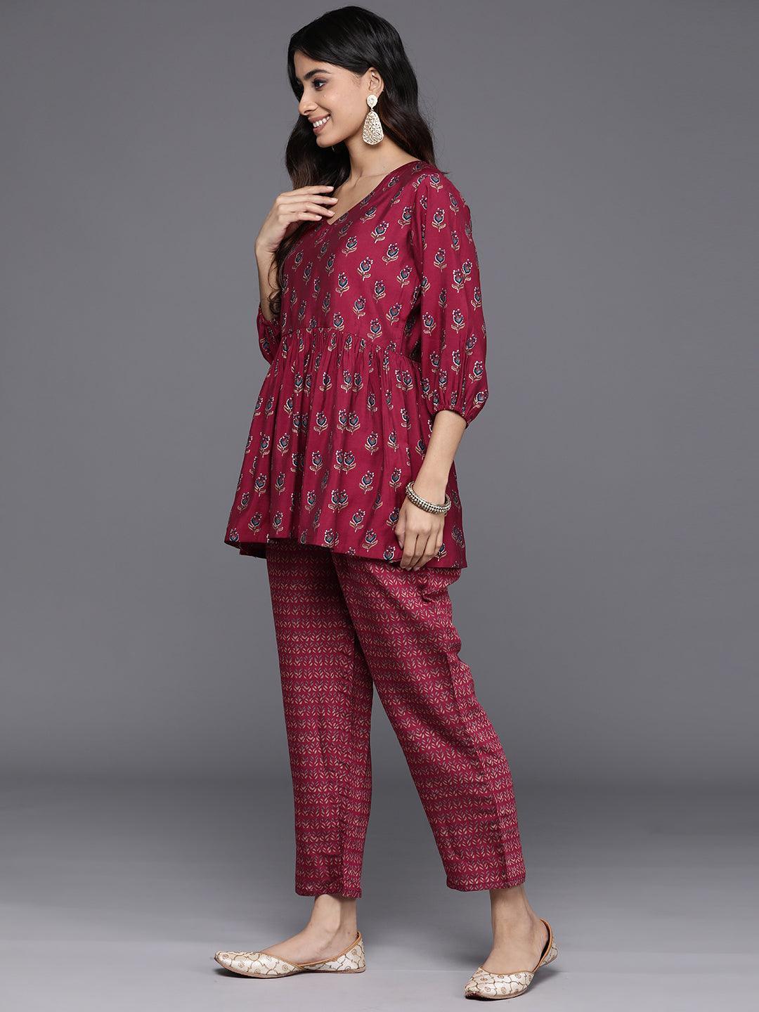 Maroon Printed Silk Blend Top With Trousers