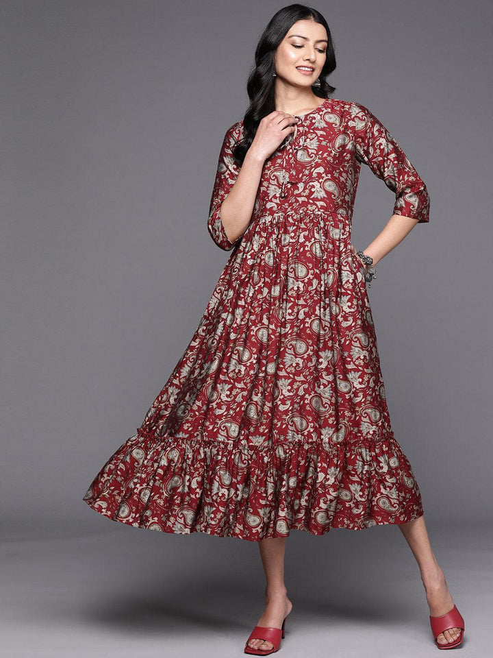 Maroon Printed Silk Fit and Flare Dress - ShopLibas