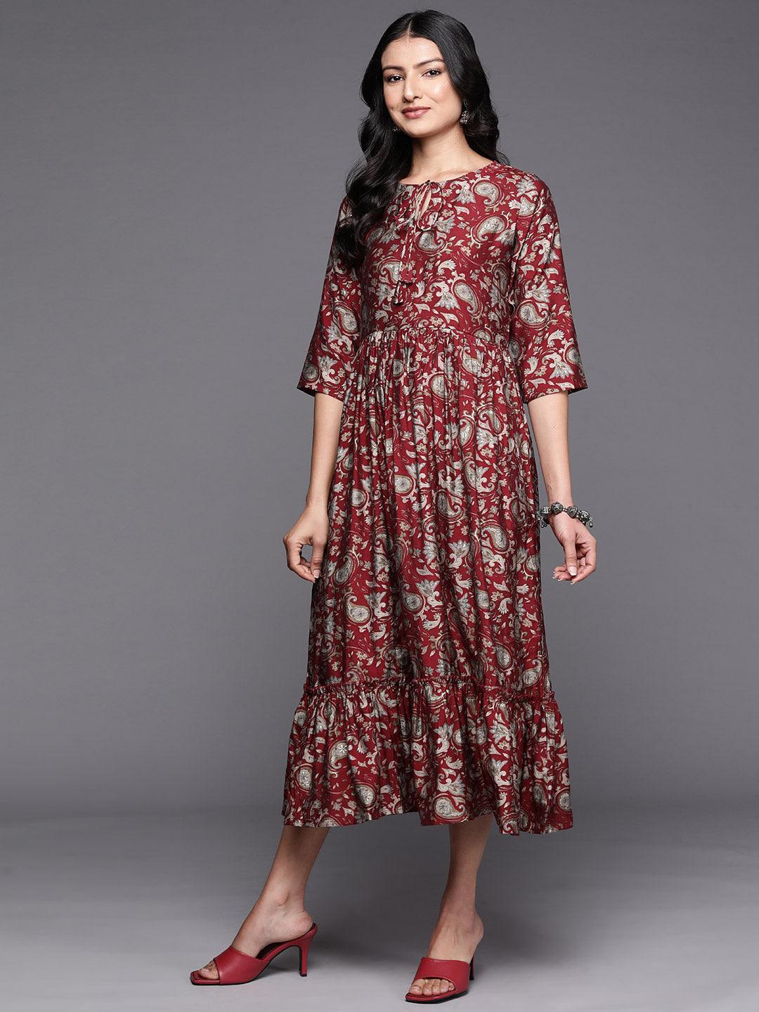 Maroon Printed Silk Fit and Flare Dress