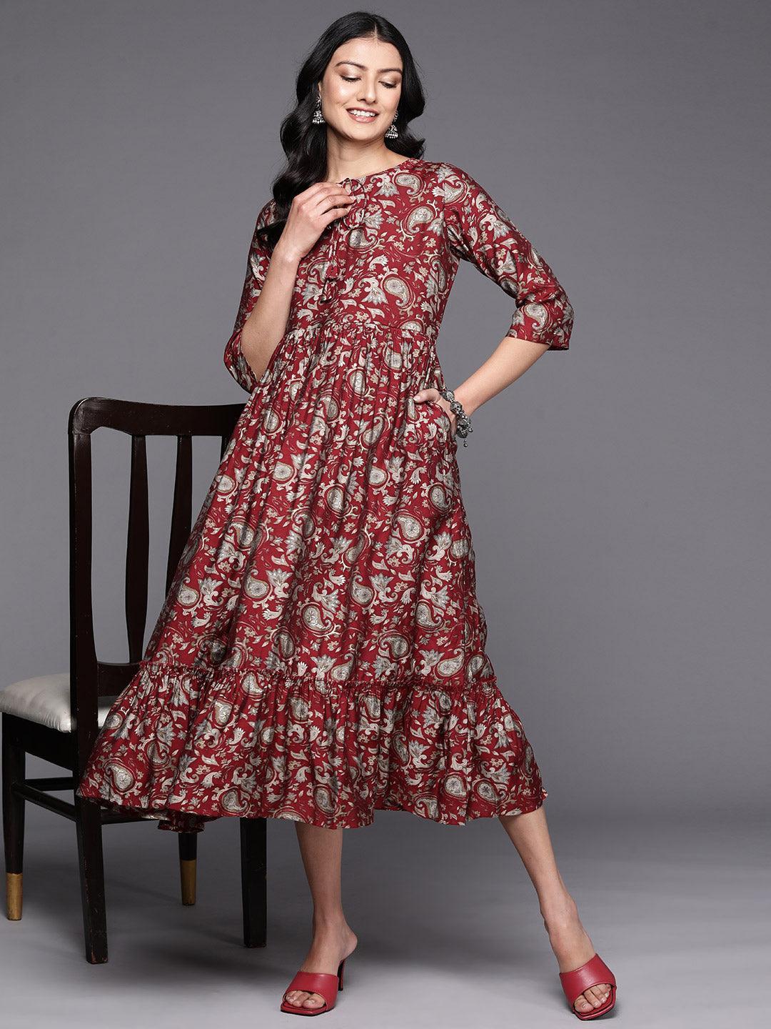 Maroon Printed Silk Fit and Flare Dress