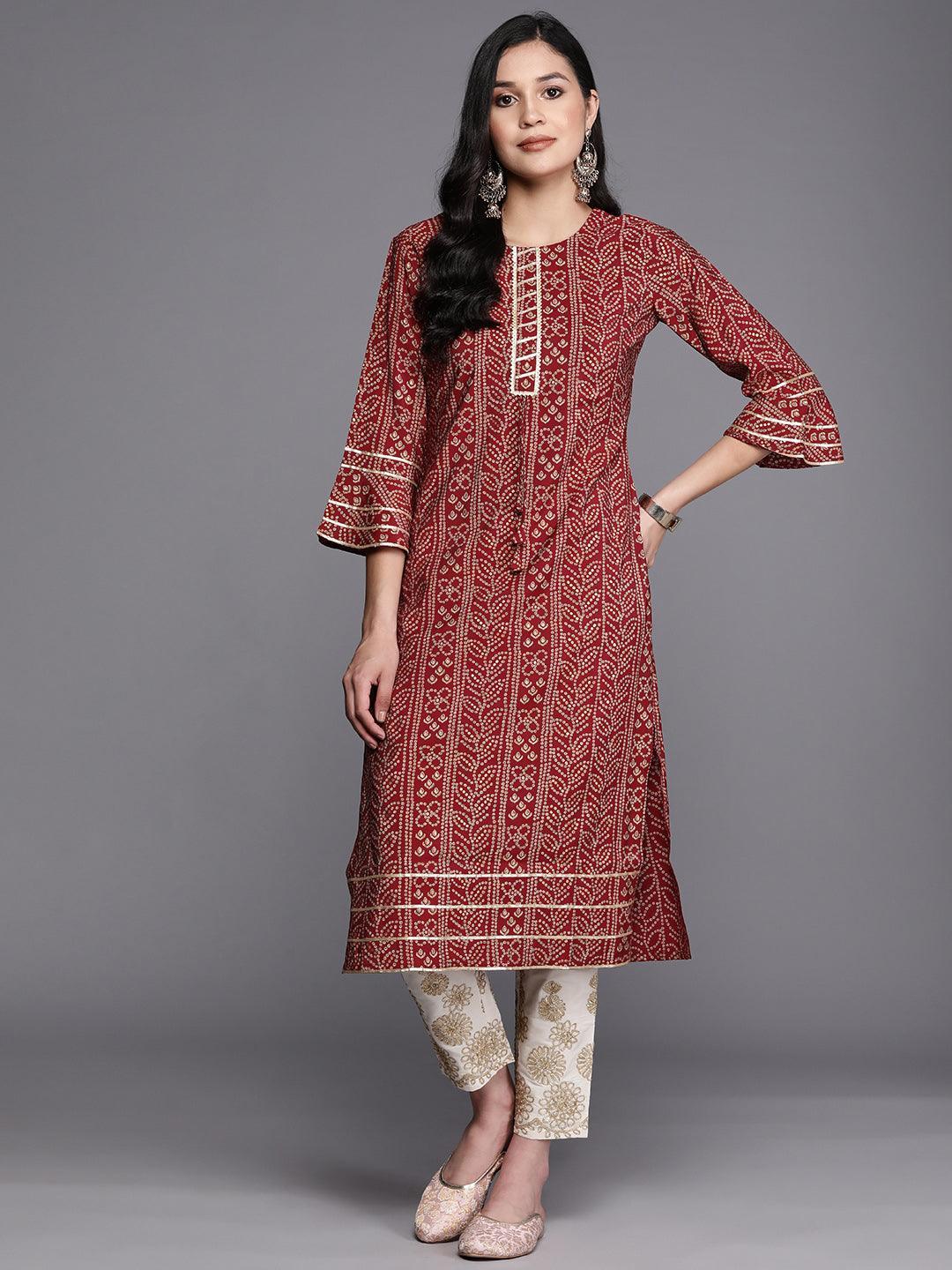 Maroon Printed Silk Straight Kurta