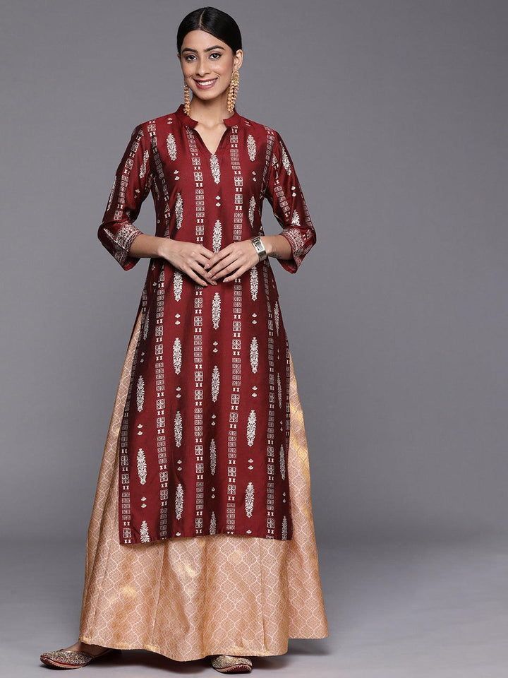 Maroon Printed Silk Straight Kurta - ShopLibas