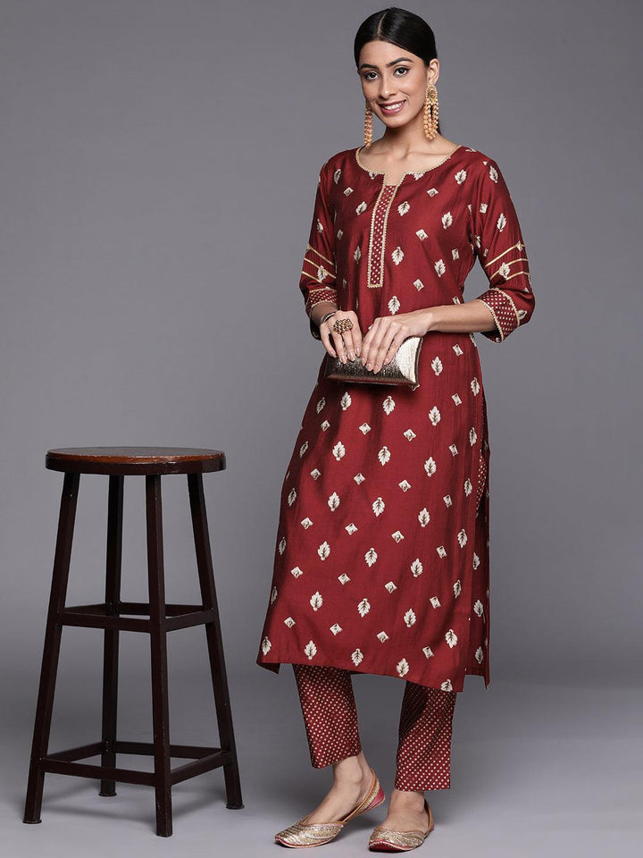 Maroon Printed Silk Straight Kurta - ShopLibas