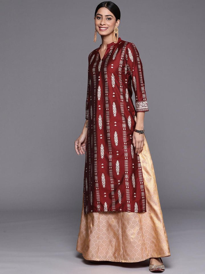 Maroon Printed Silk Straight Kurta - ShopLibas