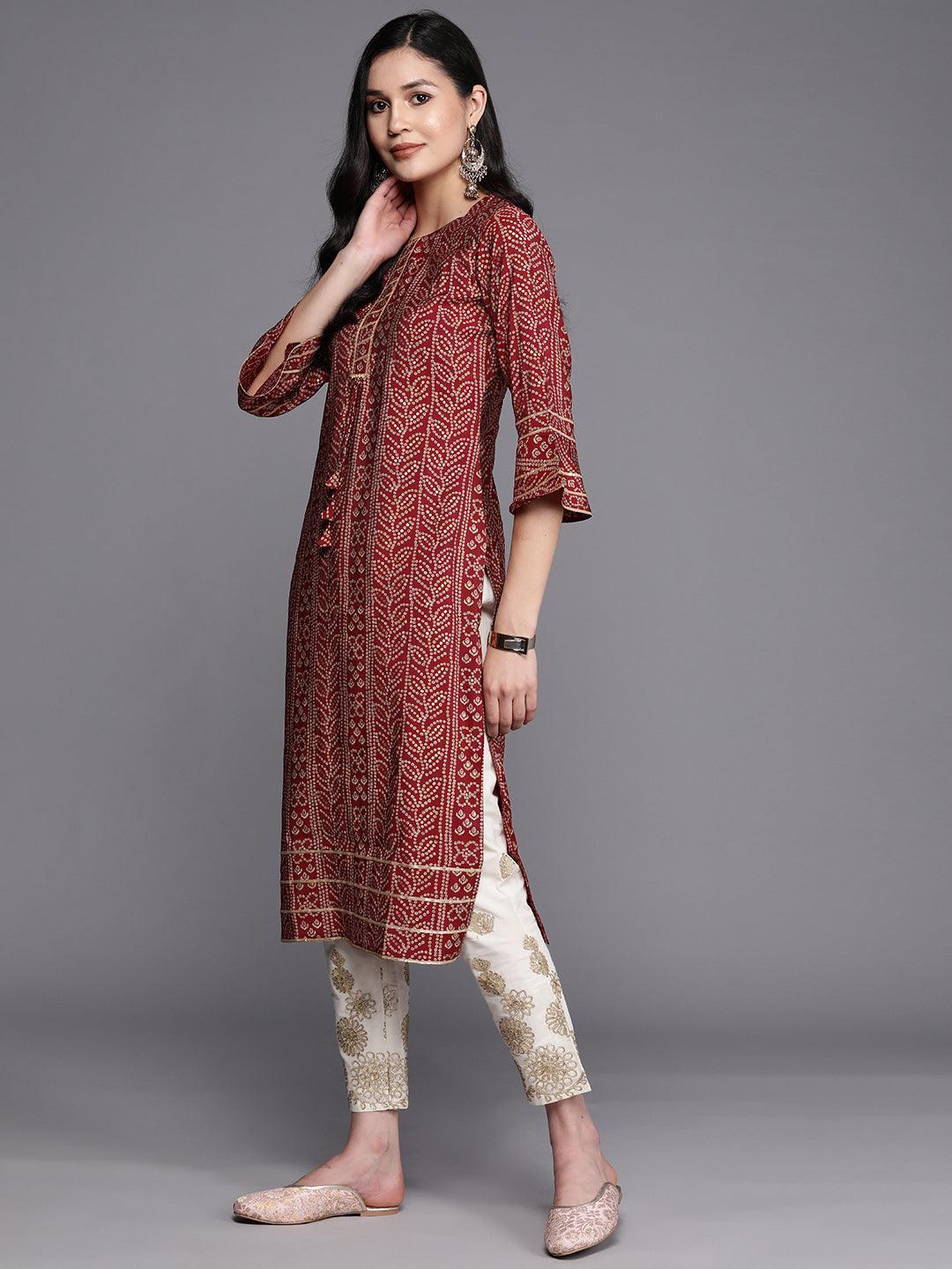 Maroon Printed Silk Straight Kurta