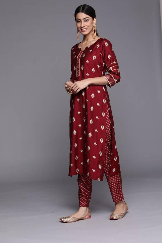 Maroon Printed Silk Straight Kurta - ShopLibas