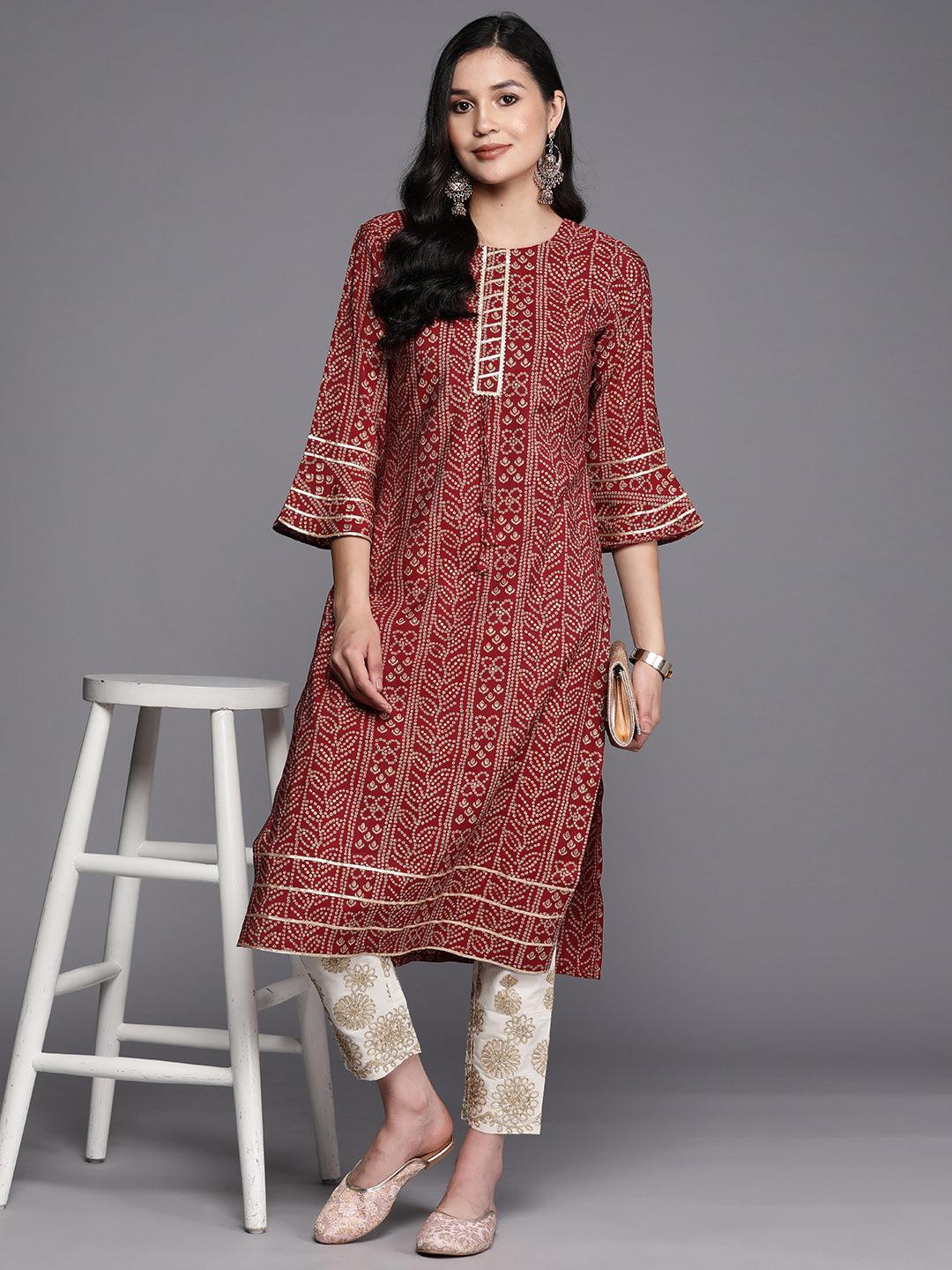 Maroon Printed Silk Straight Kurta