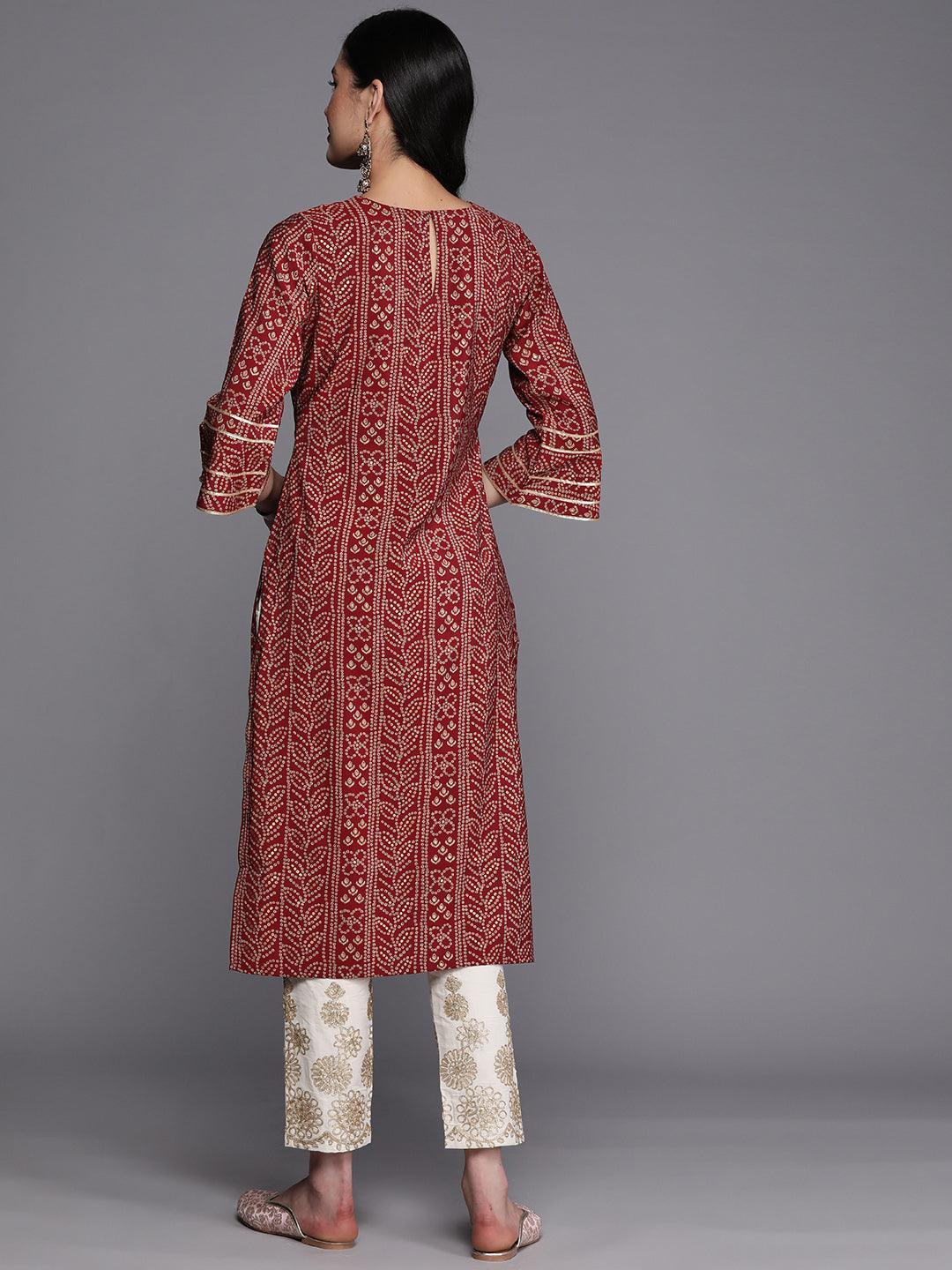 Maroon Printed Silk Straight Kurta