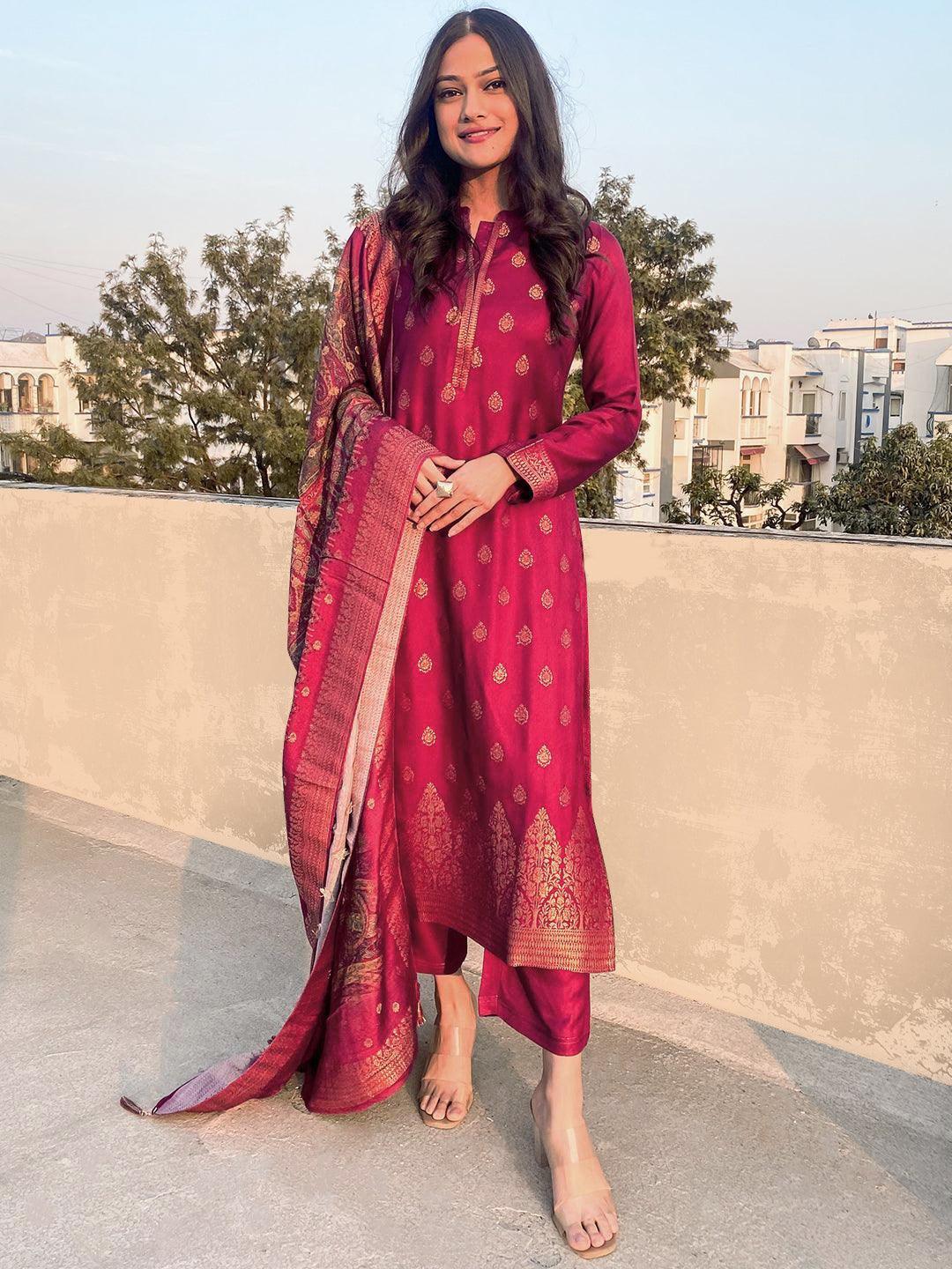 Maroon Self Design Pashmina Wool Straight Suit Set