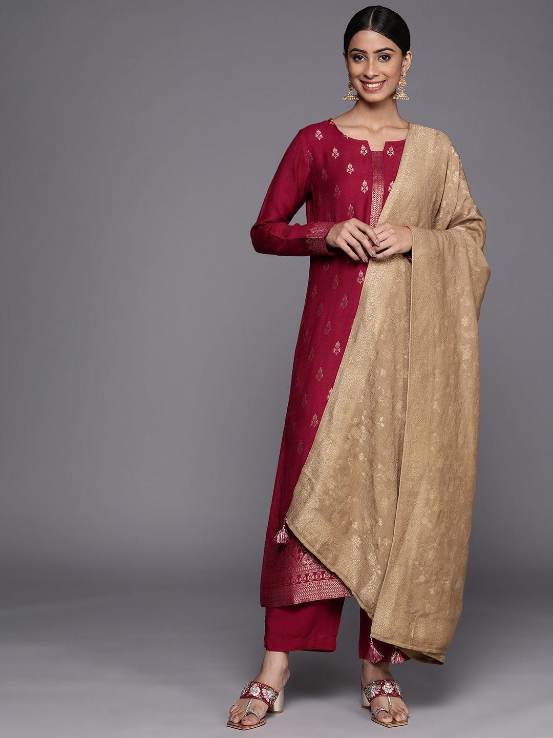 Maroon Self Design Pashmina Wool Straight Suit Set