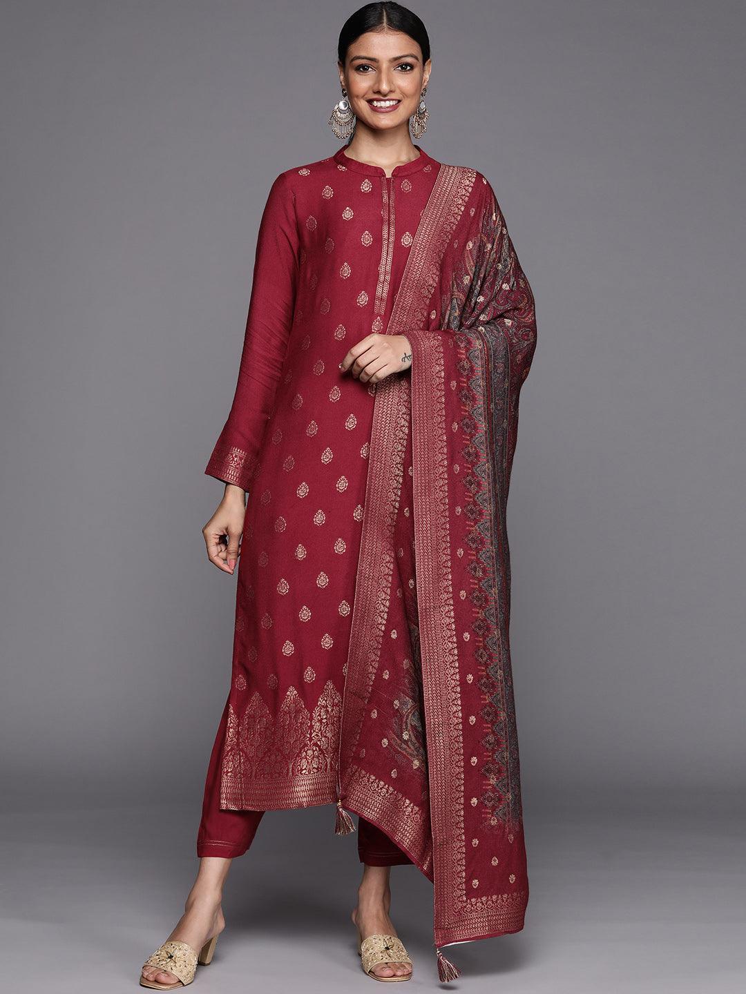 Maroon Self Design Pashmina Wool Straight Suit Set