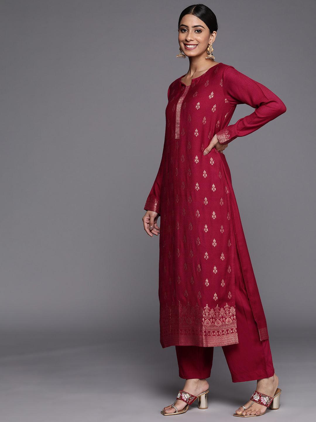 Maroon Self Design Pashmina Wool Straight Suit Set