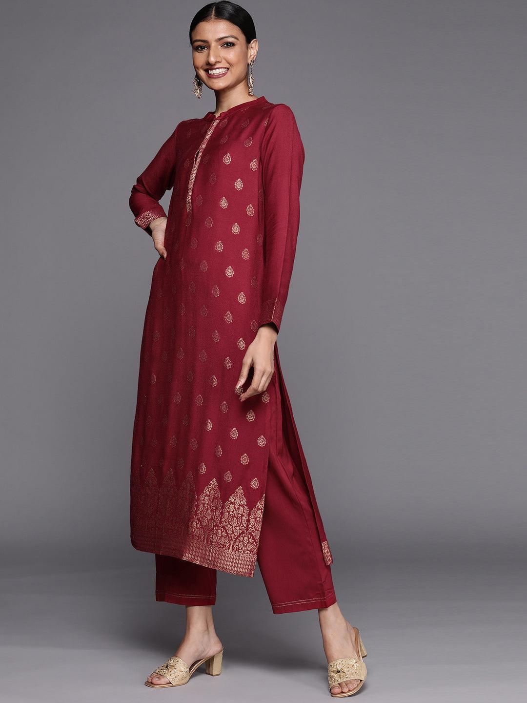 Maroon Self Design Pashmina Wool Straight Suit Set