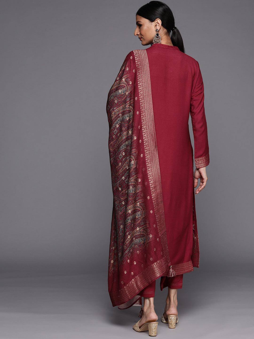 Maroon Self Design Pashmina Wool Straight Suit Set