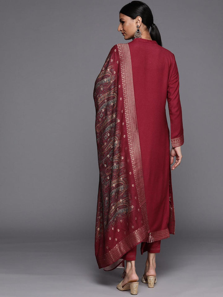 Maroon Self Design Pashmina Wool Straight Suit Set - ShopLibas