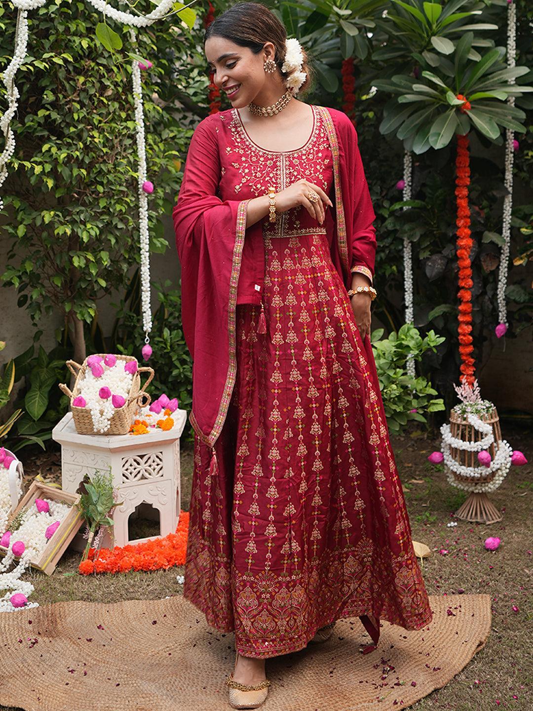 Maroon Self Design Silk Anarkali Suit Set