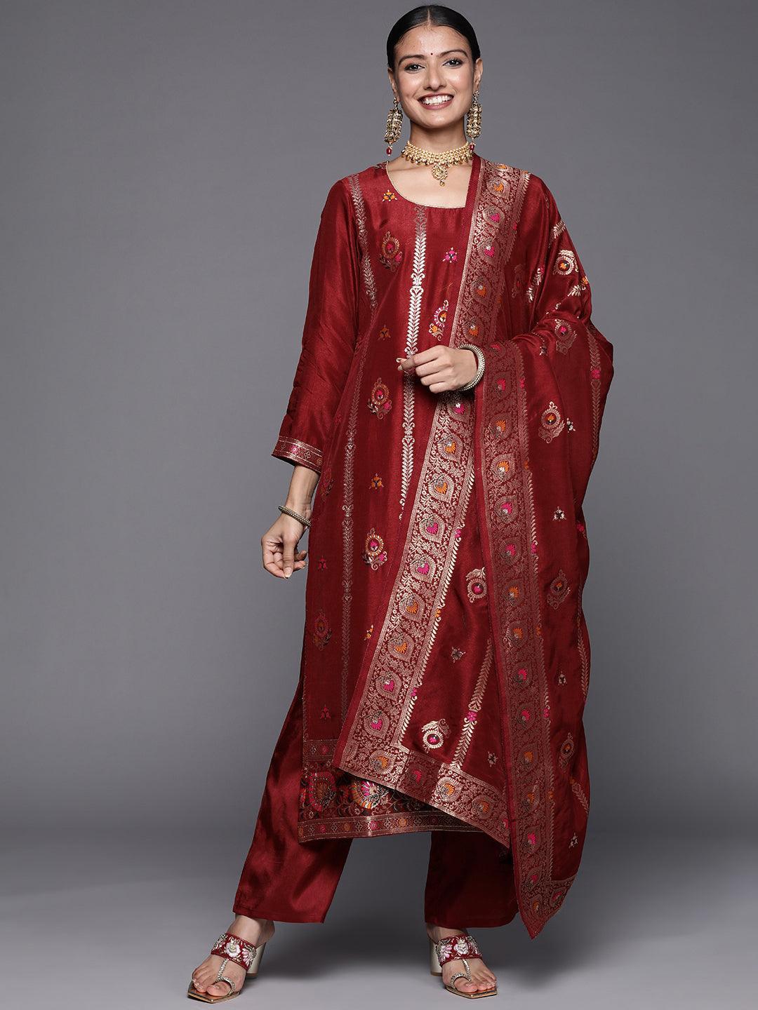 Maroon Self Design Silk Blend Straight Suit Set