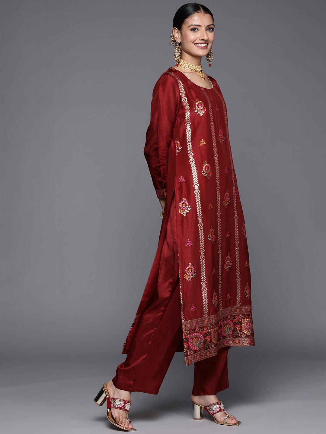 Maroon Self Design Silk Blend Straight Suit Set